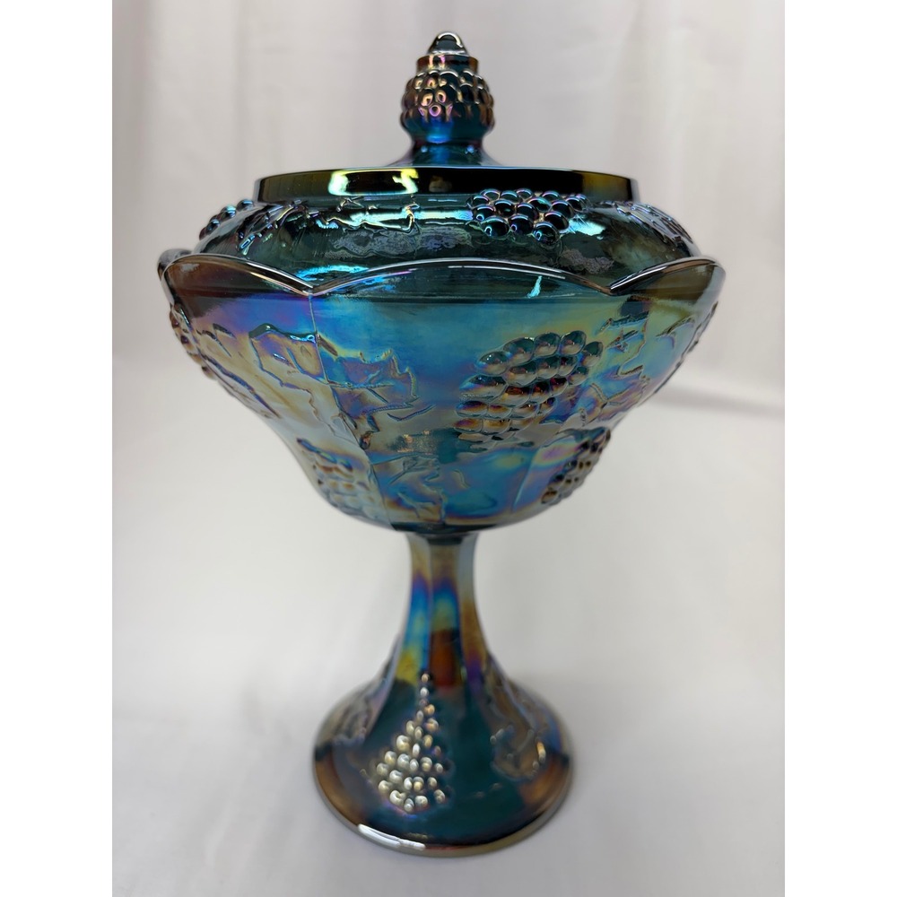 Vtg Carnival Glass Grape Leaf Compote Iridescent Teal Blue Candy Dish Lid 9.75"